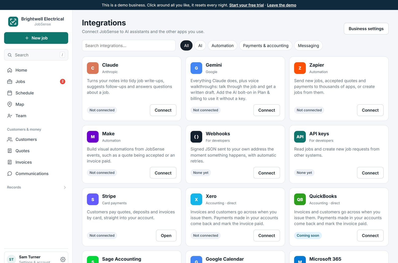 The Integrations page in JobSense