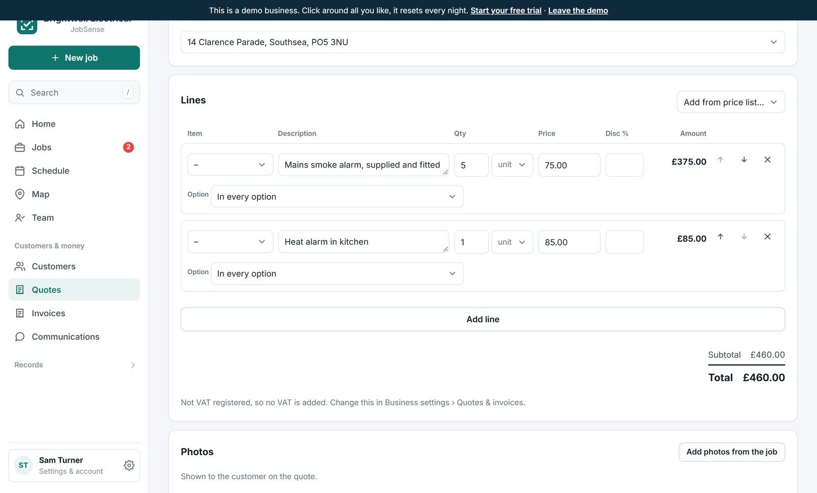 Quote lines laid out like Xero: item, description, quantity, price and amount