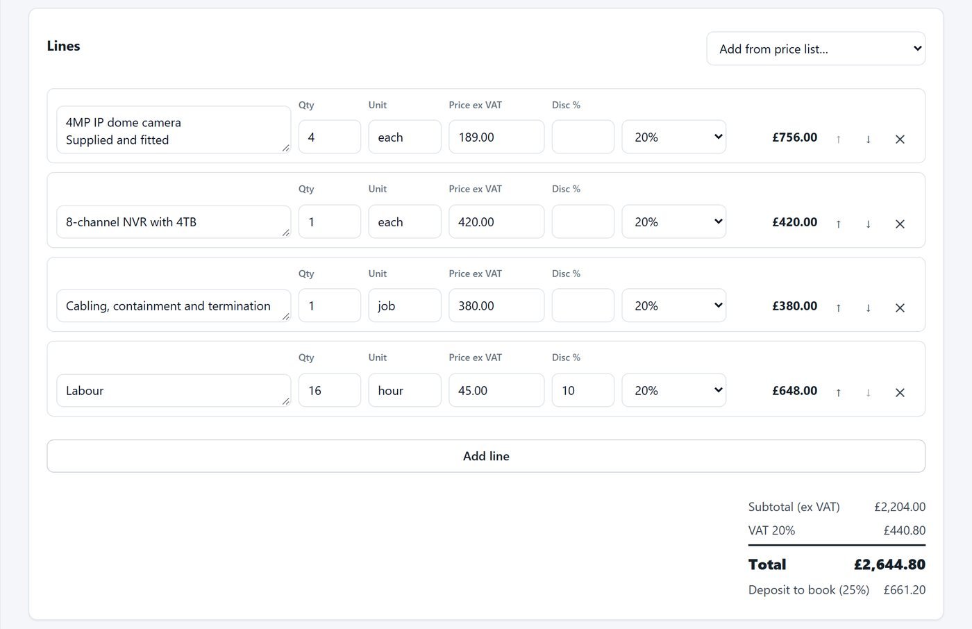 A quote with line items, VAT and a 25% deposit