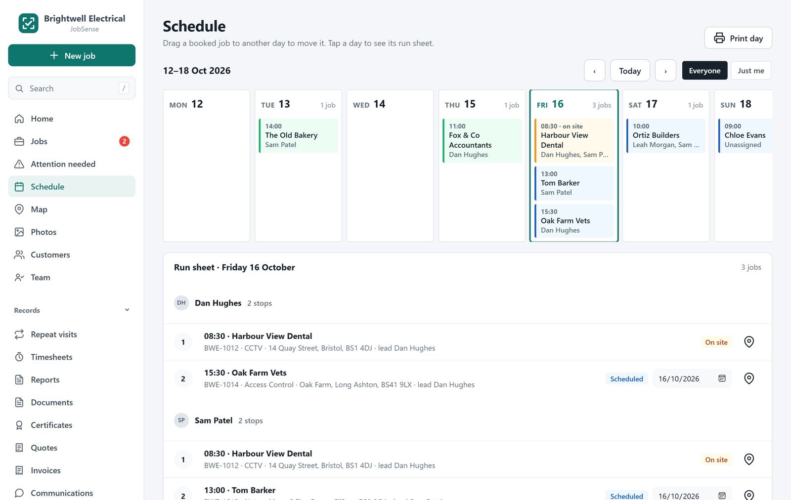 JobSense on a computer: the week's schedule and the day's run sheet
