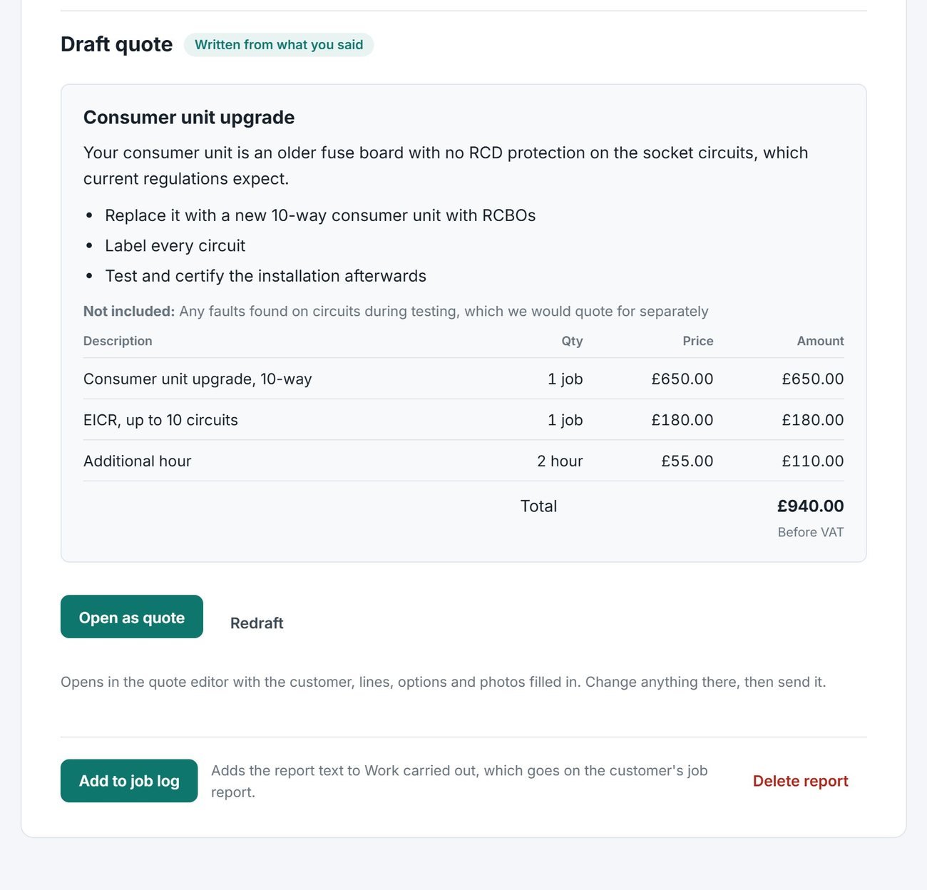 A draft quote written from a walkthrough, with lines priced from the price list