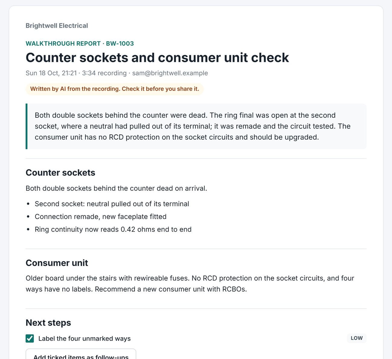 A walkthrough report with a summary and a section for each area