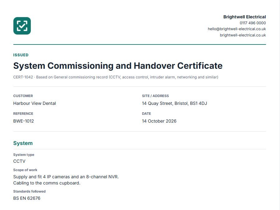 An issued commissioning certificate