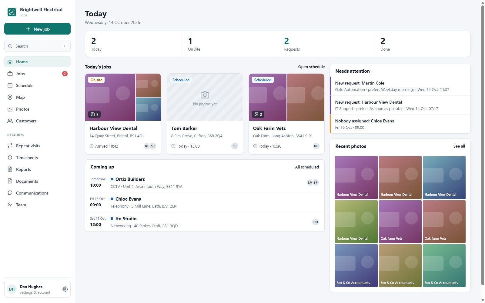 The JobSense home screen: today's jobs, photos and what needs attention